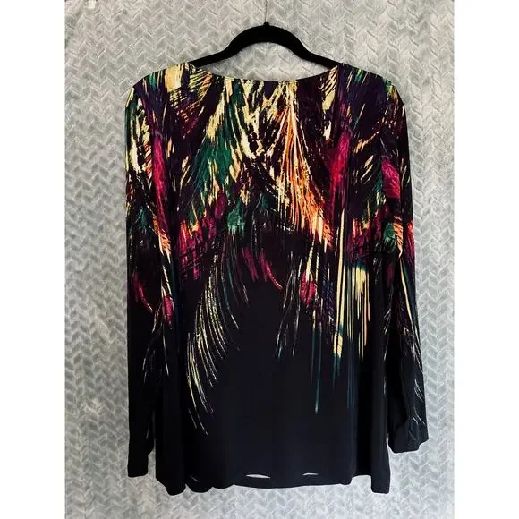 Susan Graver Liquid Knit Colorburst Feather Long Sleeve Top size L Colorful - Picture 2 of 4
